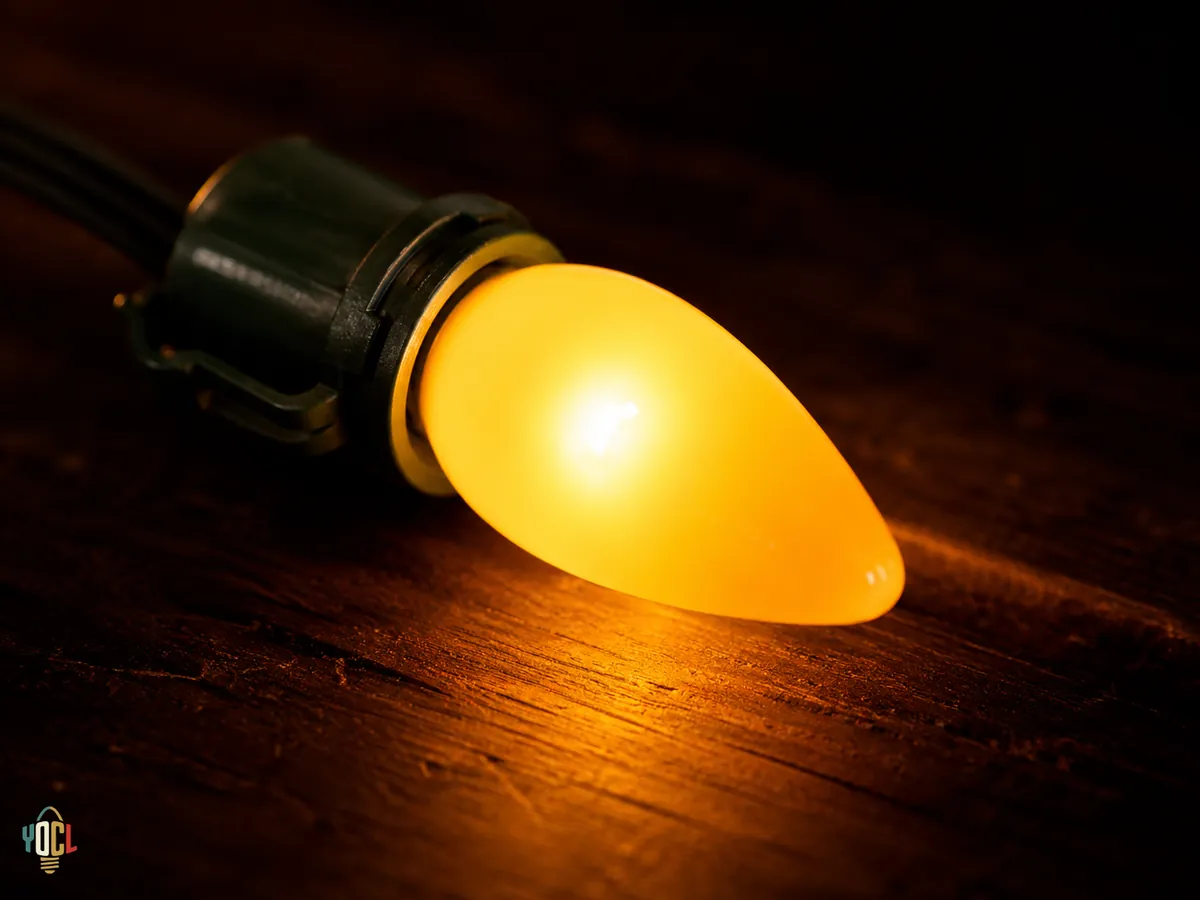 Warm amber glow of a YOCL C9 vintage LED bulb