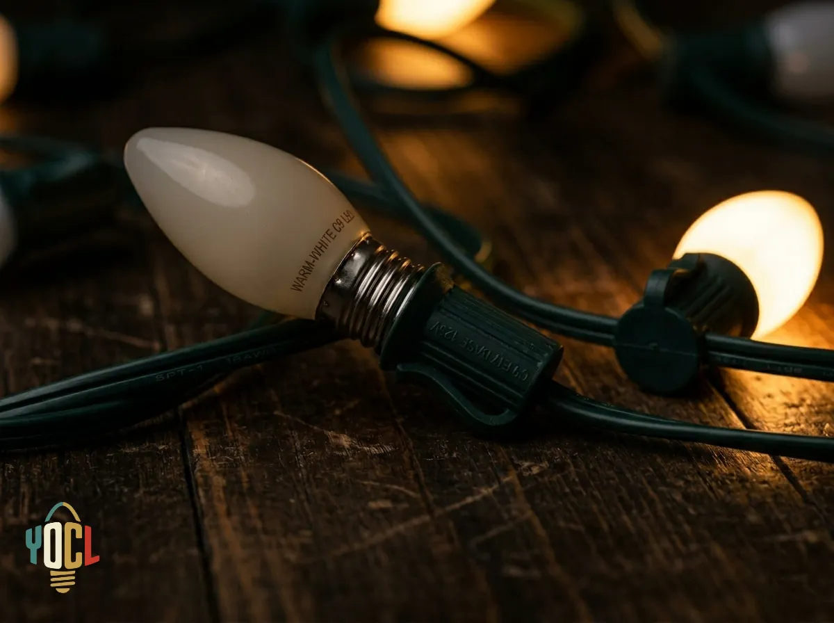 Replaceable C9 bulb in individual screw socket on heavy-duty cord