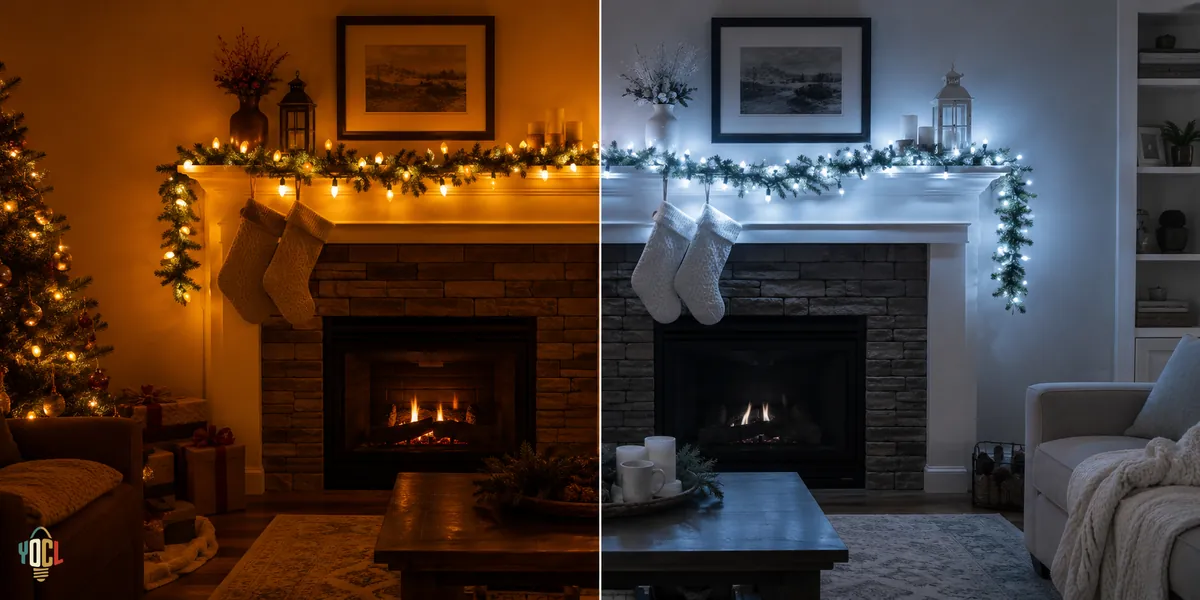 Side-by-side: warm C9 amber glow versus cold blue-white fairy lights