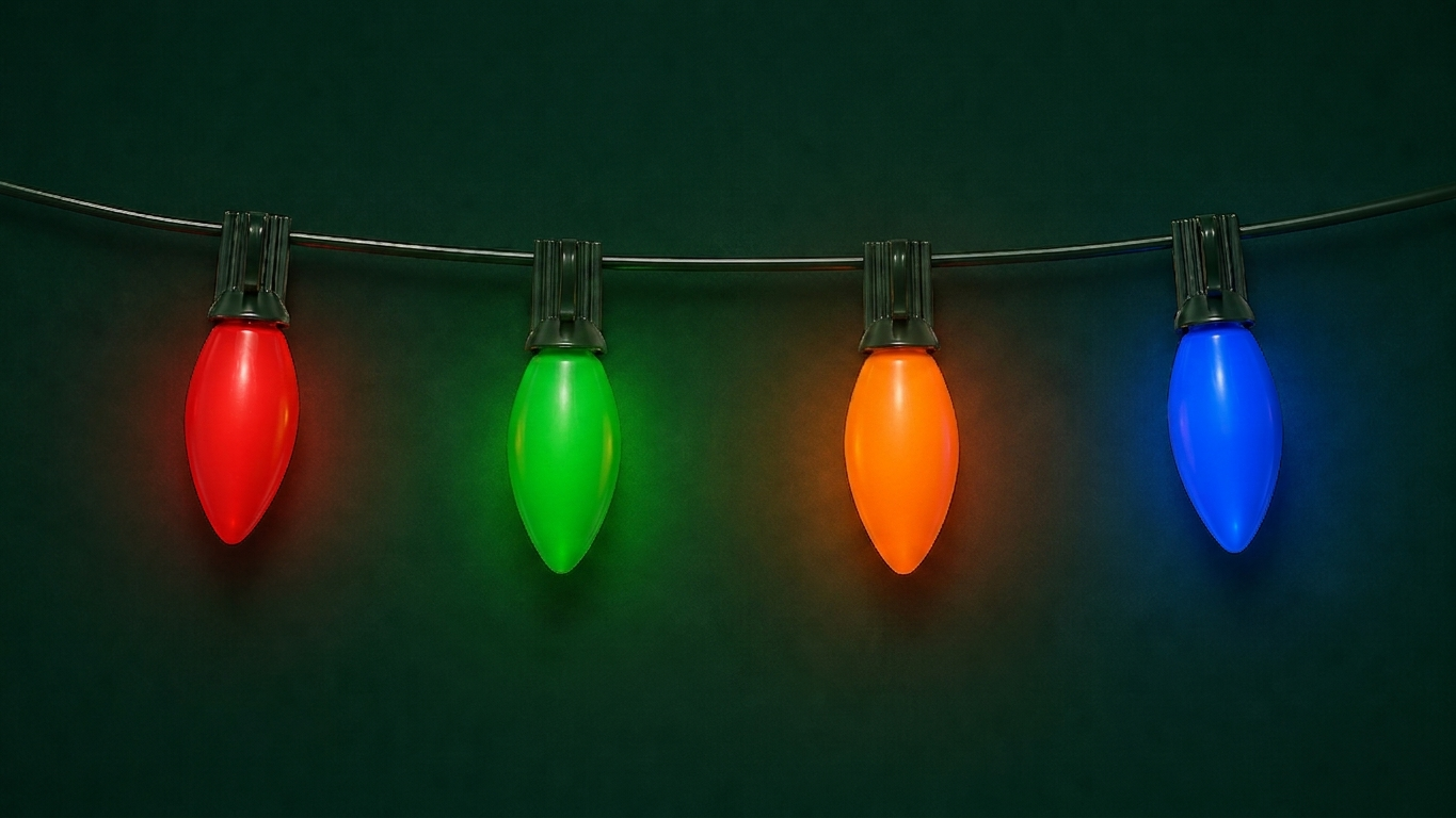 C9 vintage LED lights strung in a living room