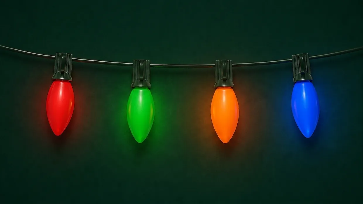 C9 vintage LED lights strung in a living room