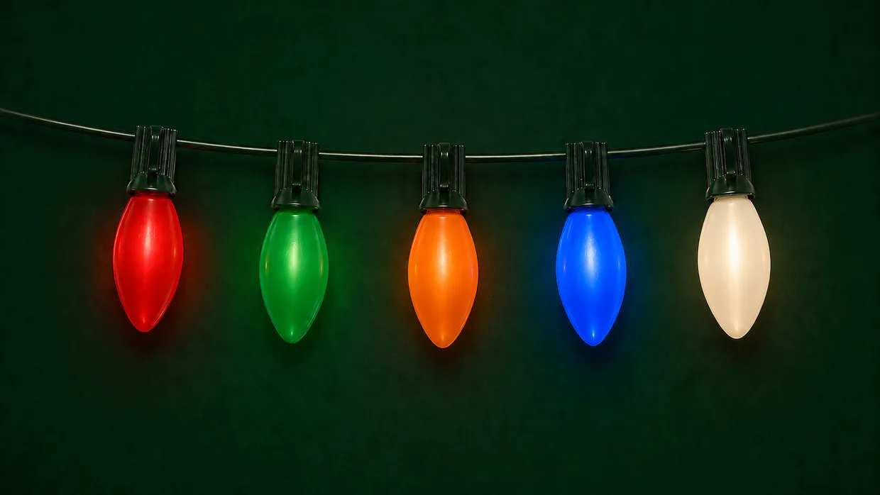 Classic Ceramic C9 bulbs lit in red, green, orange, blue and white
