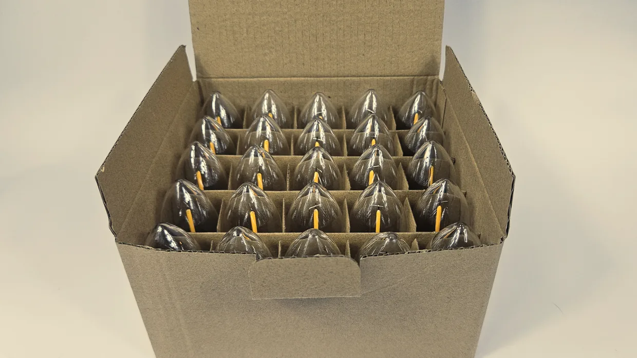 25-bulb Crystal Warm White set in its tray, clear shells with warm filaments